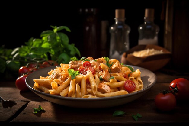 A bowl of pasta with chicken and tomatoes on a table