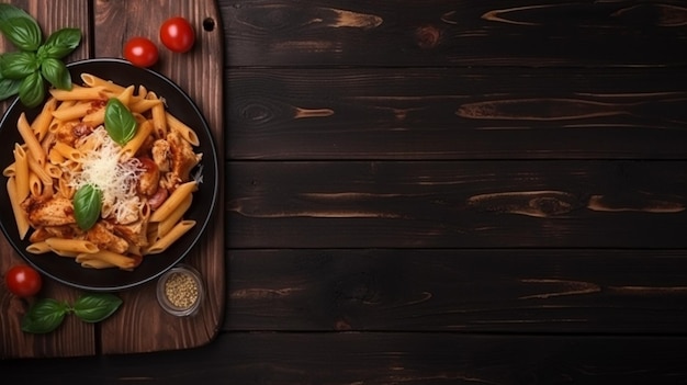 A bowl of pasta with chicken and tomatoes on a wooden table