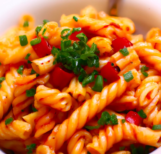 A bowl of pasta with chopped chives on top of it.