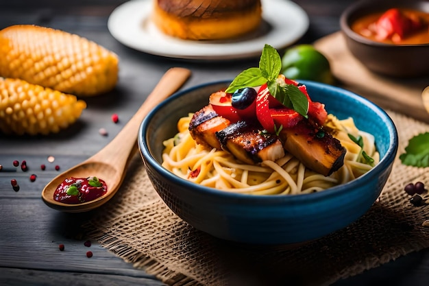 a bowl of pasta with corn on the top of it