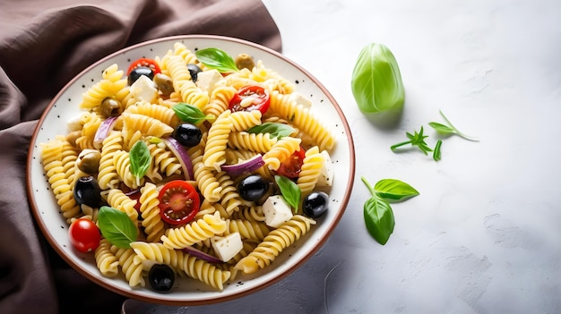 A bowl of pasta with feta cheese and tomatoes