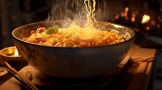 Photo a bowl of pasta with a fire in the background