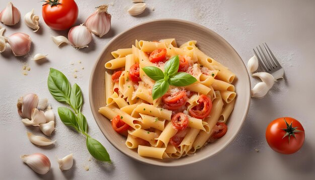 Photo a bowl of pasta with garlic and tomatoes and garlic