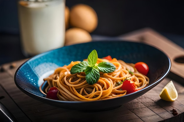 a bowl of pasta with a glass of milk and a glass of milk