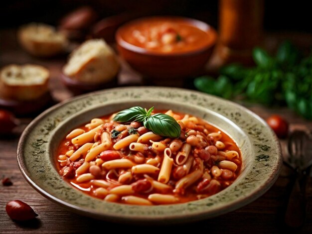 Foto una ciotola di pasta con una foglia verde