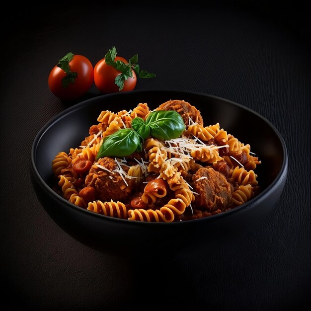 A bowl of pasta with meatballs and basil on a dark background