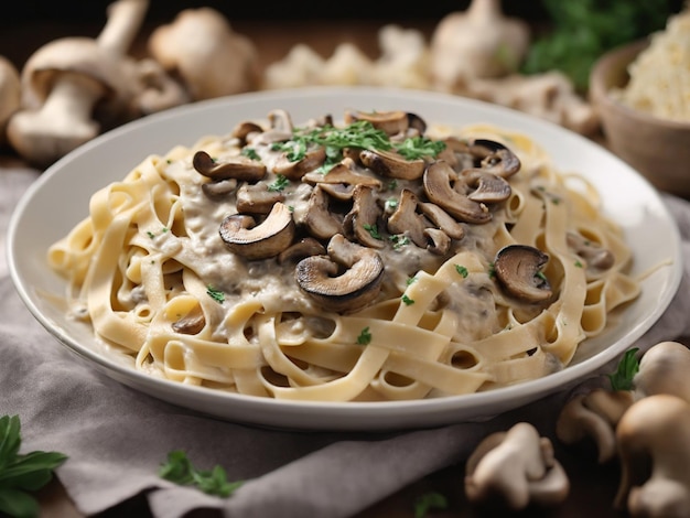 a bowl of pasta with mushrooms and mushrooms on a table.