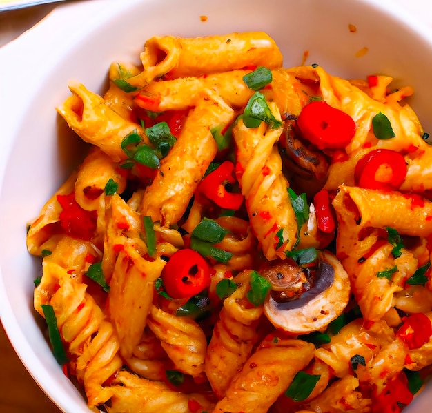 A bowl of pasta with mushrooms and peppers