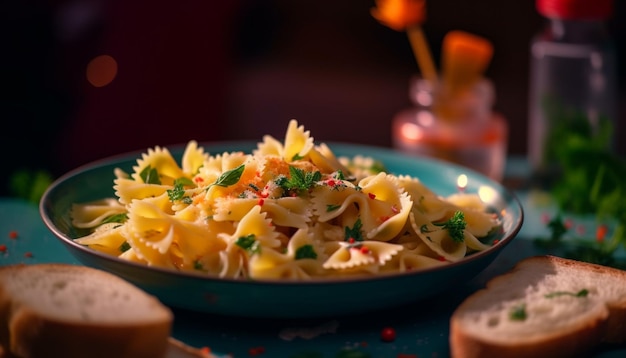 A bowl of pasta with parmesan and parmesan on a table