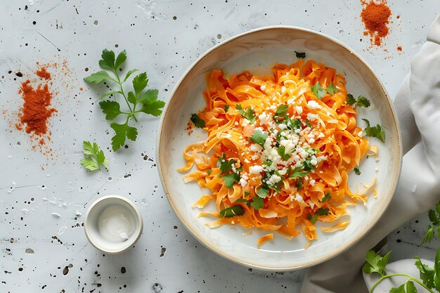 テーブルの上にパセリとパセリを入れたパスタの鉢