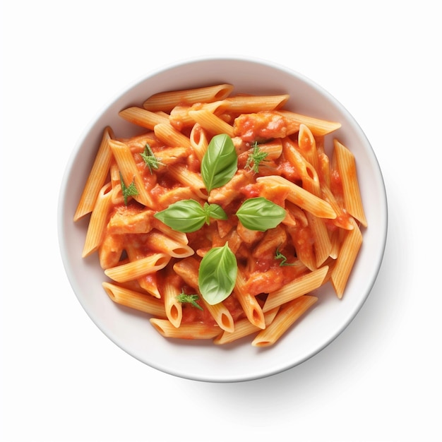 A bowl of pasta with a red sauce and basil leaves