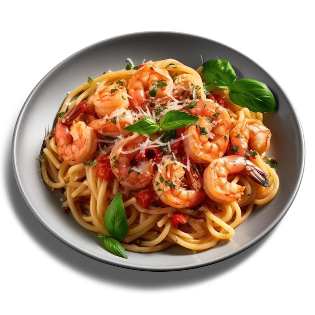 A bowl of pasta with shrimp and basil on top