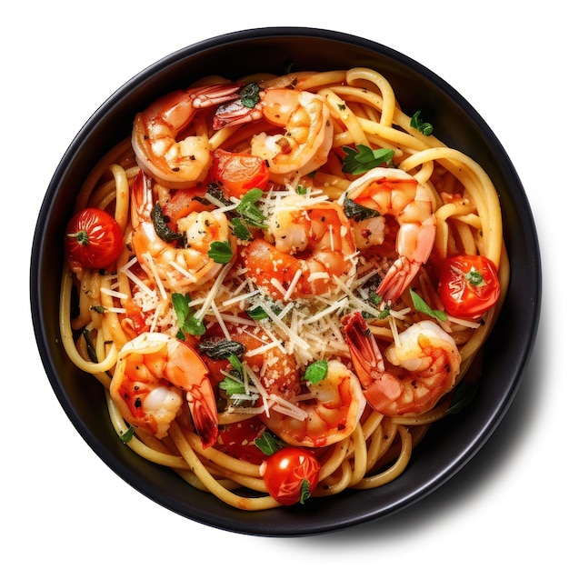 A bowl of pasta with shrimp and parsley on top