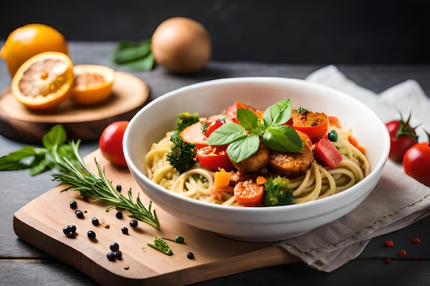 木の板にエビと野菜が入ったパスタのボウル。