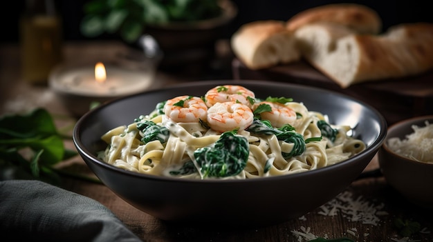 A bowl of pasta with shrimps and spinach on top