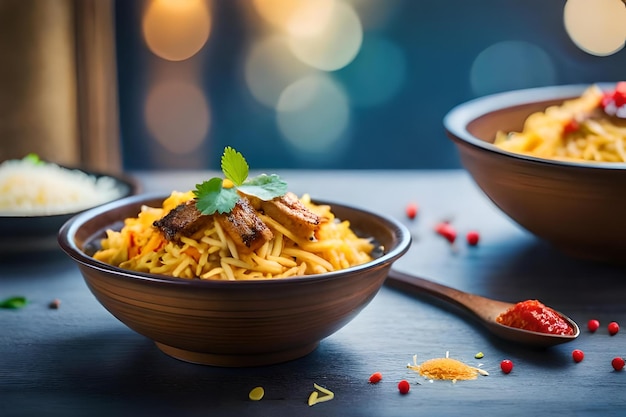 A bowl of pasta with a small letter on it