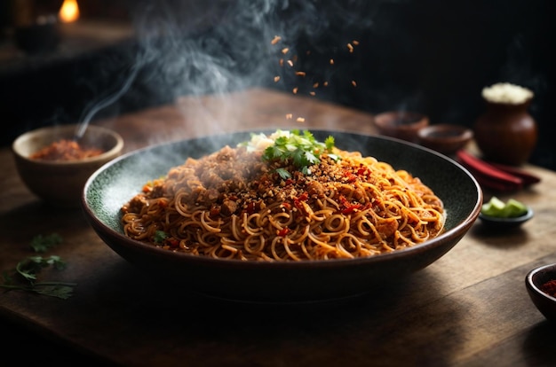 a bowl of pasta with a smoke coming out of it.