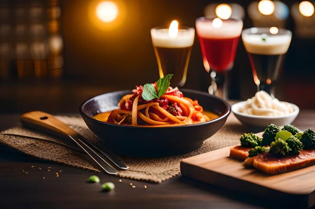 a bowl of pasta with a spoon and a glass of wine