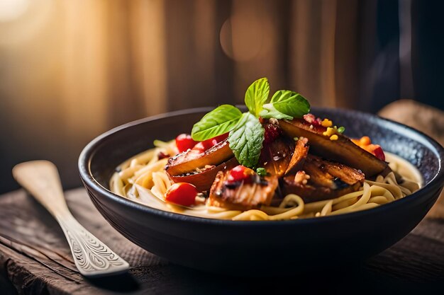 a bowl of pasta with a spoon and a spoon.