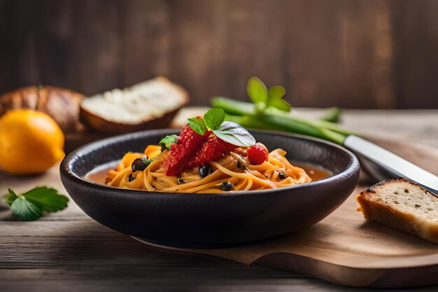 A bowl of pasta with strawberries and bread on a wooden table