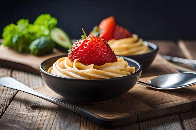 A bowl of pasta with strawberries and a spoon on a wooden table