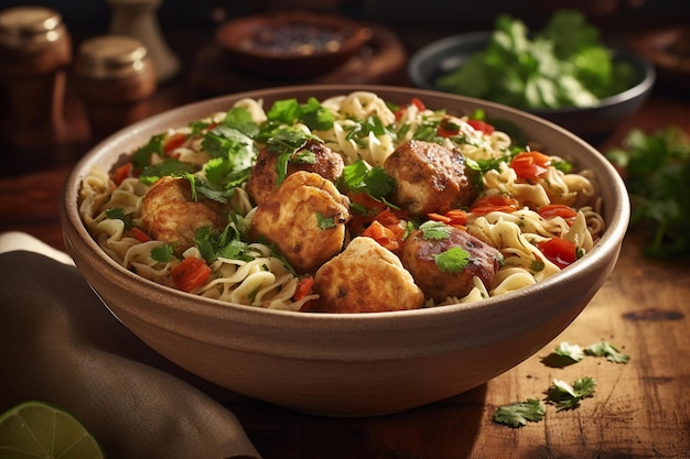 A bowl of pasta with tofu and tofu in it