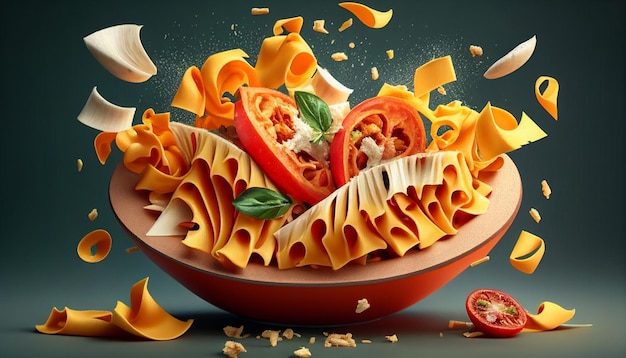 A bowl of pasta with tomato and basil on the bottom