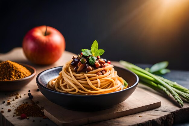 a bowl of pasta with a tomato and a red apple on the table