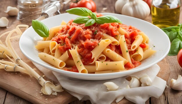 Photo a bowl of pasta with a tomato sauce and basil on it