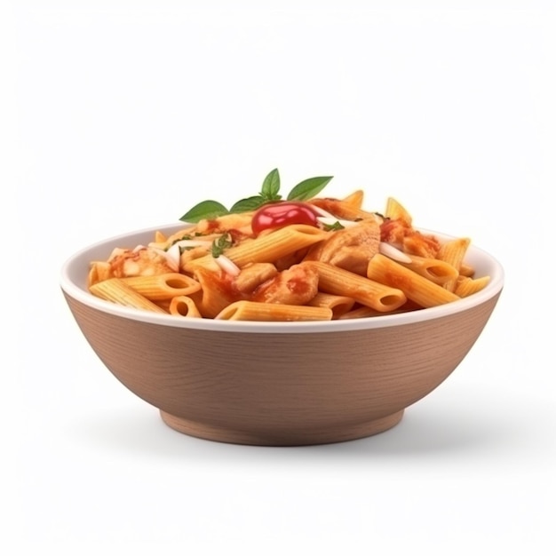 A bowl of pasta with a tomato sauce and basil on top.