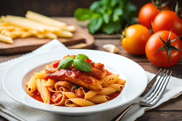 A bowl of pasta with tomato sauce and basil on a wooden table.