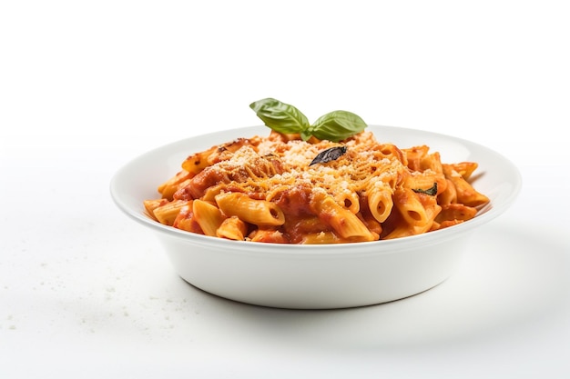 A bowl of pasta with tomato sauce and cheese