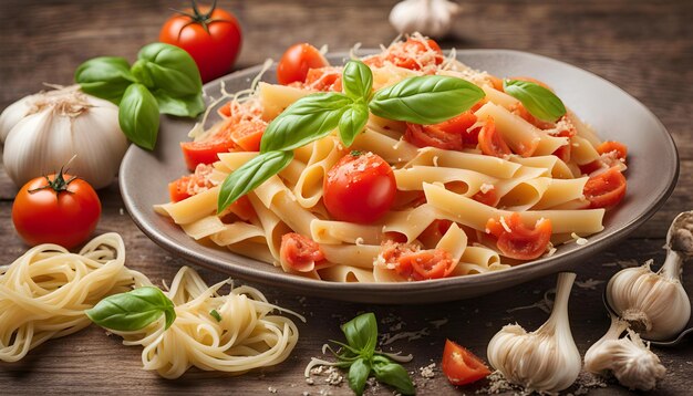 a bowl of pasta with tomatoes basil and basil