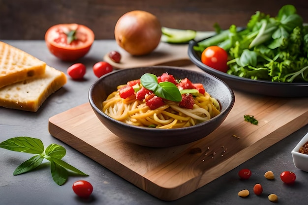 A bowl of pasta with tomatoes and basil on a cutting board