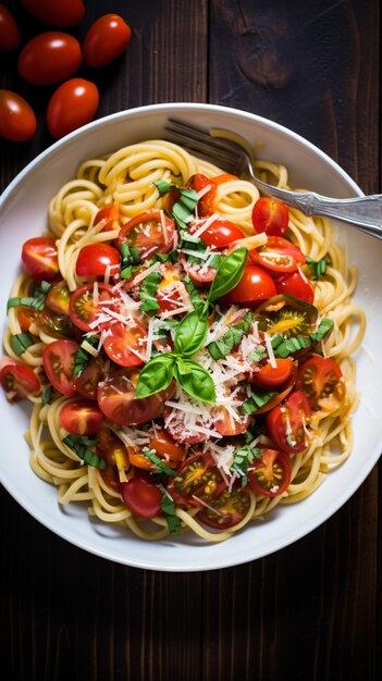 a bowl of pasta with tomatoes and basil