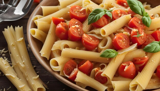 Photo a bowl of pasta with tomatoes and basil