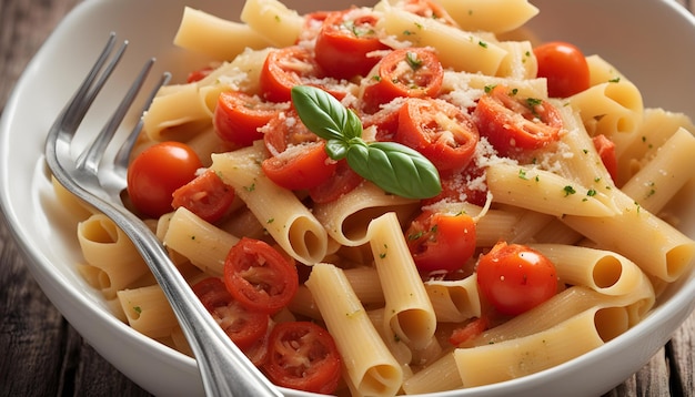 a bowl of pasta with tomatoes and basil