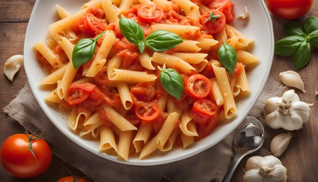 Photo a bowl of pasta with tomatoes and basil