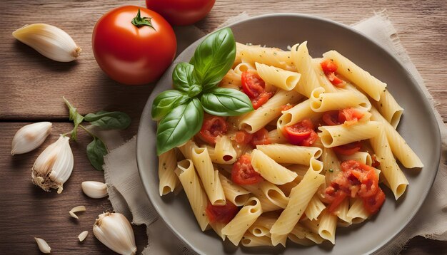 Photo a bowl of pasta with tomatoes and basil