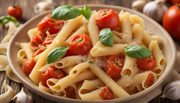 a bowl of pasta with tomatoes and basil