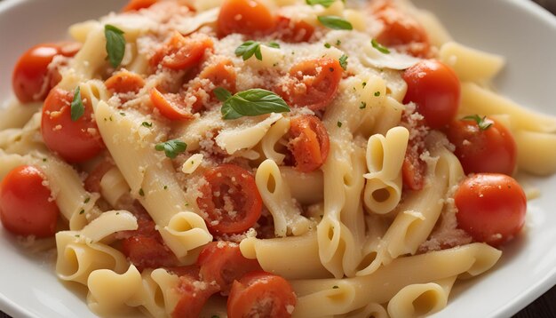 Photo a bowl of pasta with tomatoes and cheese on it