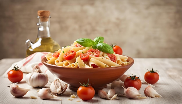 Foto una ciotola di pasta con pomodori e aglio su un tavolo di legno