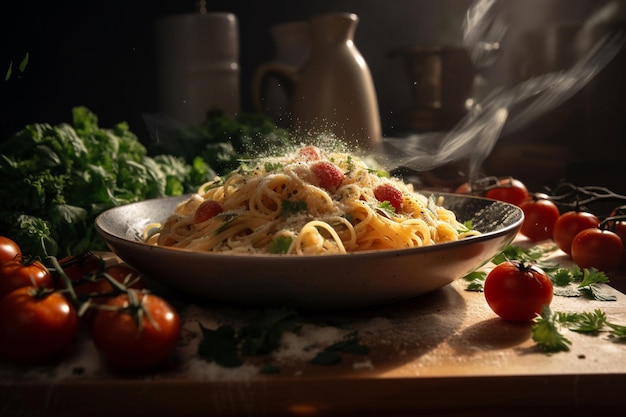 A bowl of pasta with tomatoes and green onions on a table.