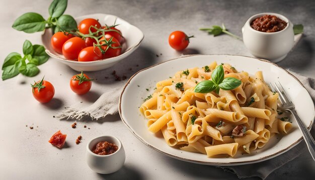 a bowl of pasta with tomatoes and olive oil