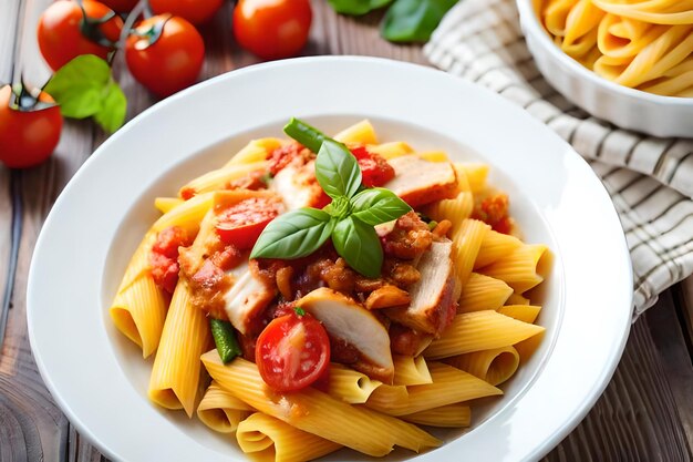 A bowl of pasta with tomatoes, tomatoes, and basil