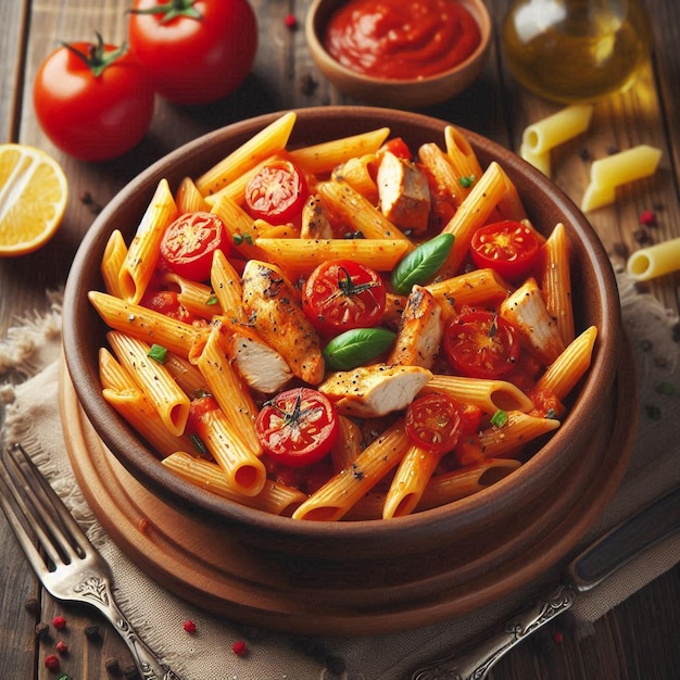 a bowl of pasta with tomatoes tomatoes and peppers