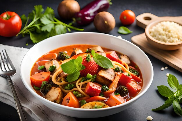 A bowl of pasta with vegetables and meat