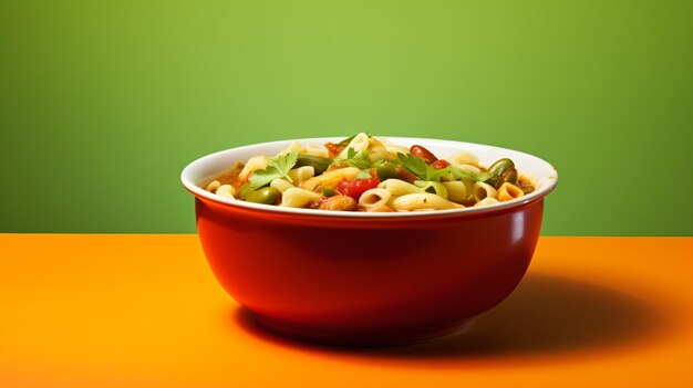 A bowl of pasta with vegetables on a table