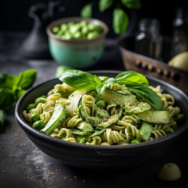 A bowl of pasta with zucchini and green peas.