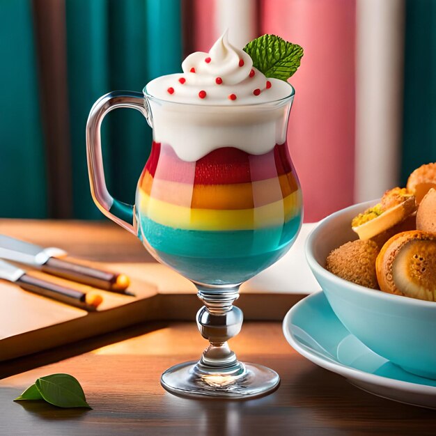 A bowl of pastries next to a bowl of food with a rainbow drink.